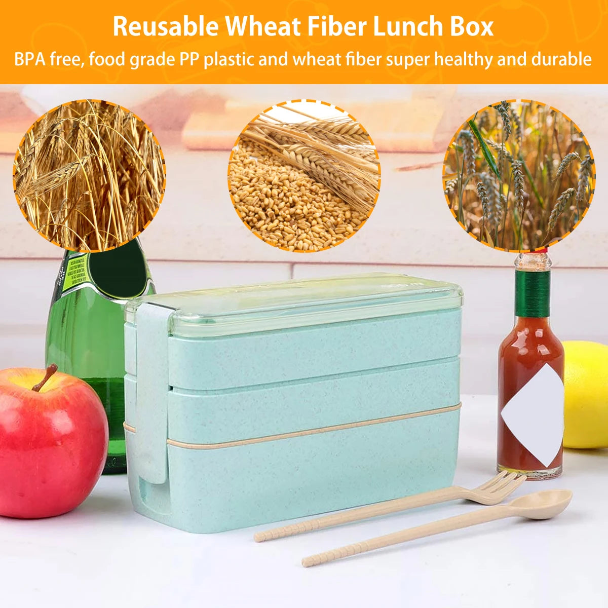 900ML Leak-Proof 3-Stack Bento Lunch Box | Portable Wheat Straw Food Container for Kids