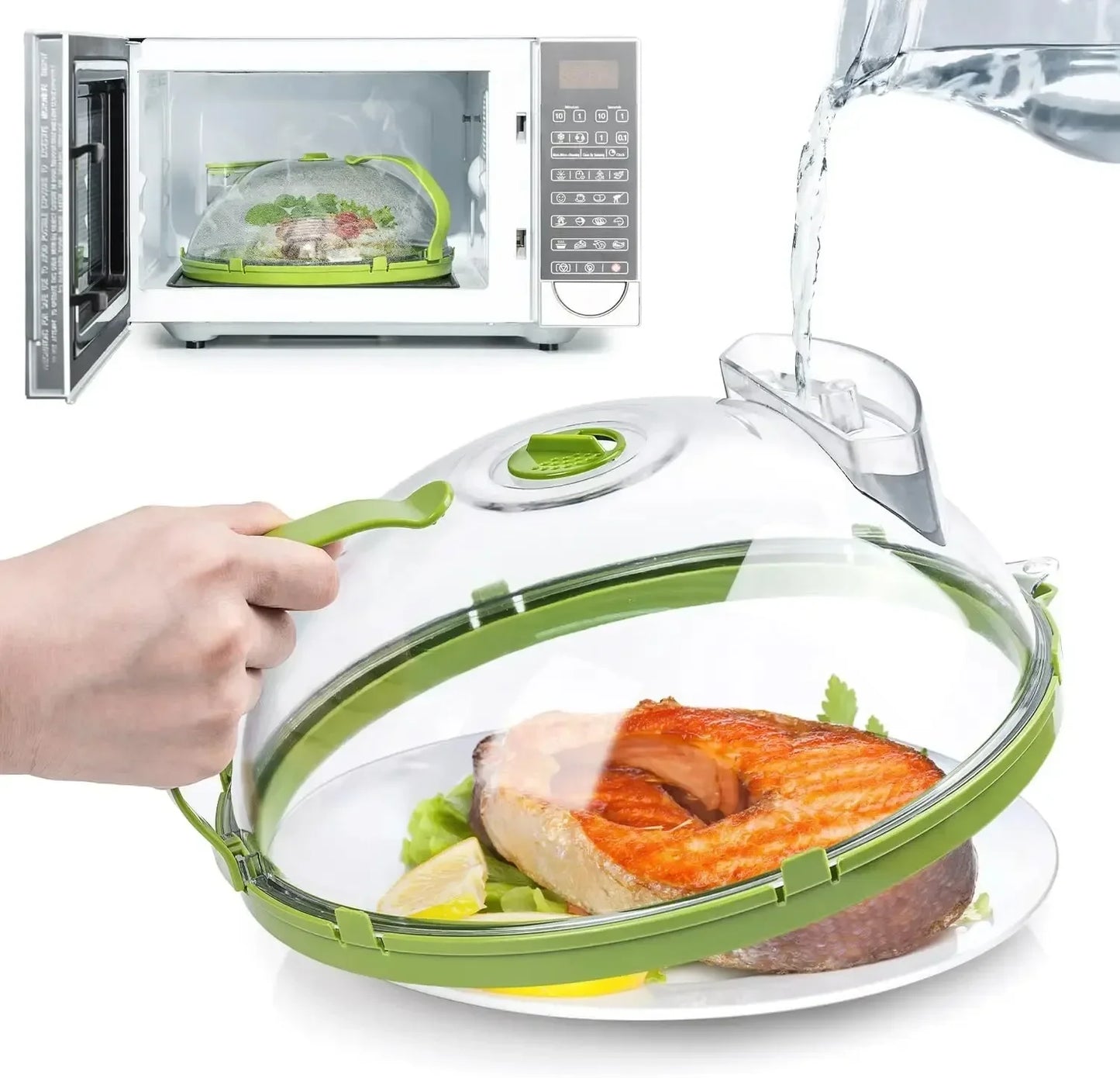 10-Inch Clear Microwave Food Cover with Steamer & Handle – Microwave Splatter Protector for Plates"