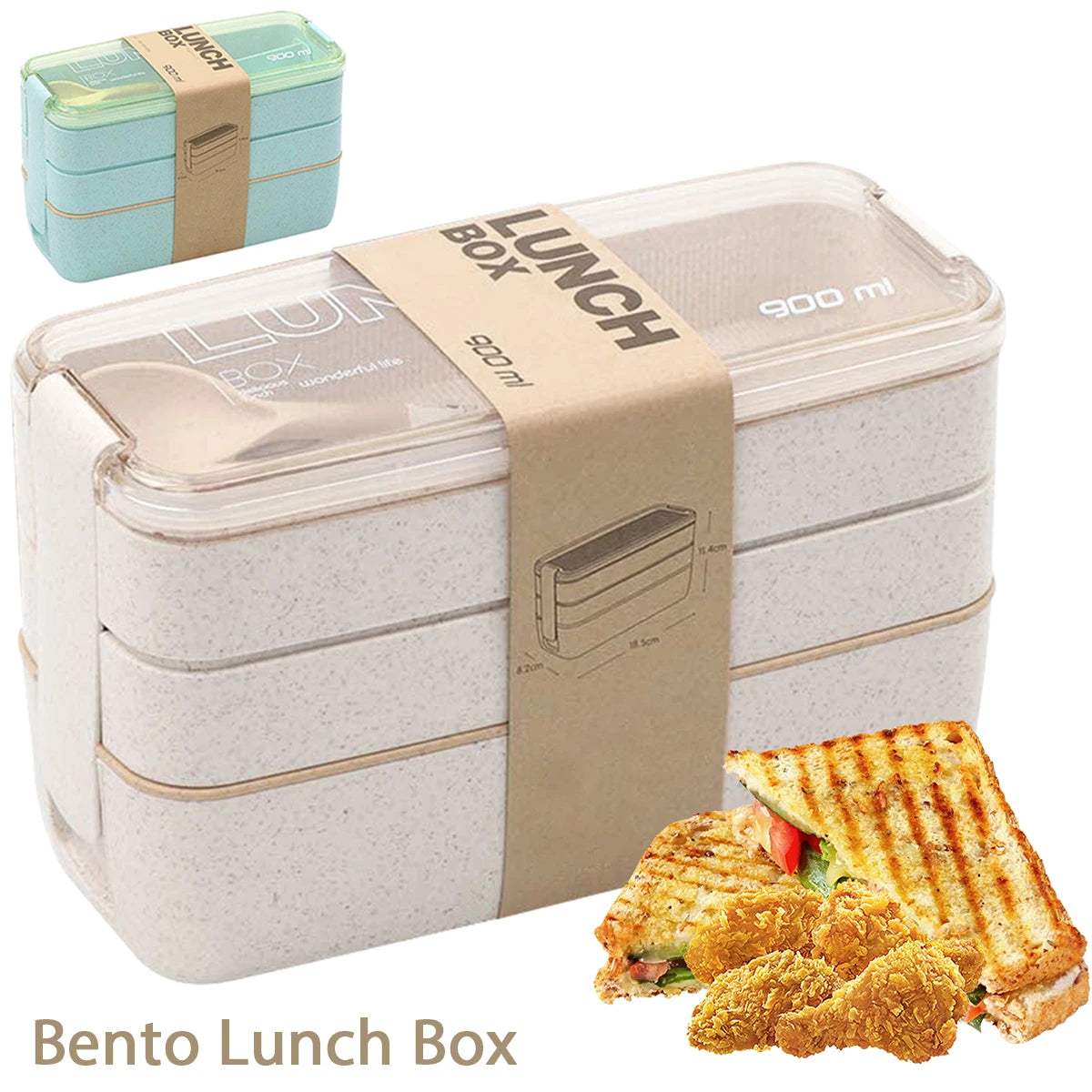 900ML Leak-Proof 3-Stack Bento Lunch Box | Portable Wheat Straw Food Container for Kids