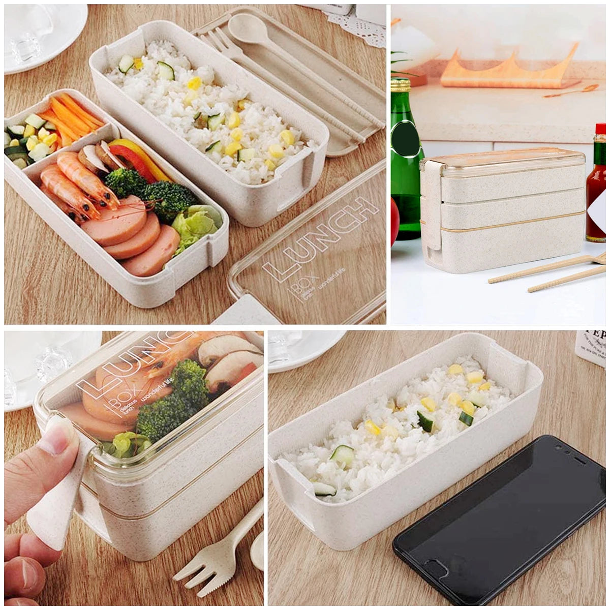 900ML Leak-Proof 3-Stack Bento Lunch Box | Portable Wheat Straw Food Container for Kids